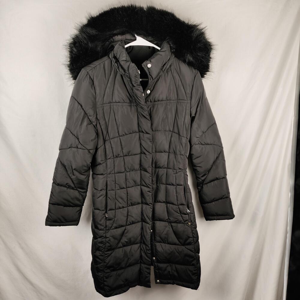 Calvin Klein Performance Coat Womens XS Black Hooded Faux Fur Puffer Zip Pockets